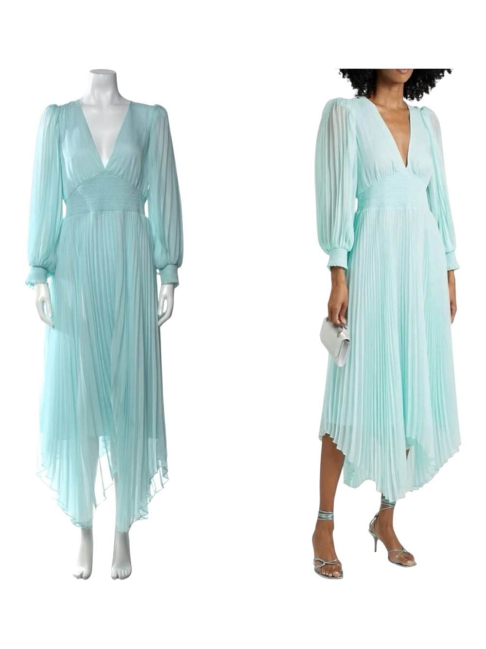 Alice + Olivia Sion Pleated Chiffon Midi Dress Us 8 Sky Blue V-Neck Long Sleeve